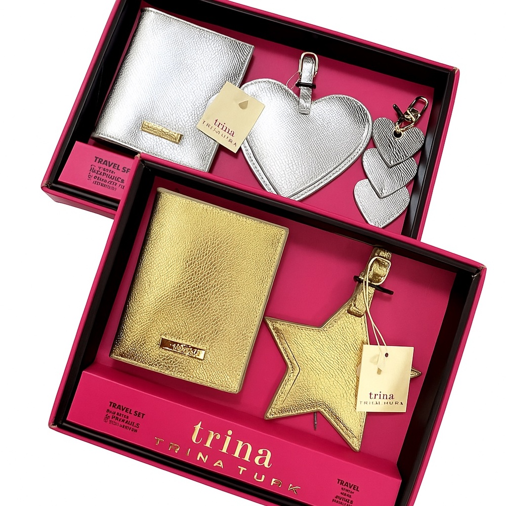 Trina Turk 2-Box Gift Set • Metallic Gold + Silver Passport & Luggage Tag NWT